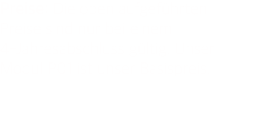 Preise: Die oben aufgeführten Preise sind nur bei einem 4-Jahresabschluss gültig. Unser Modul P01 ist unser Basispreis.